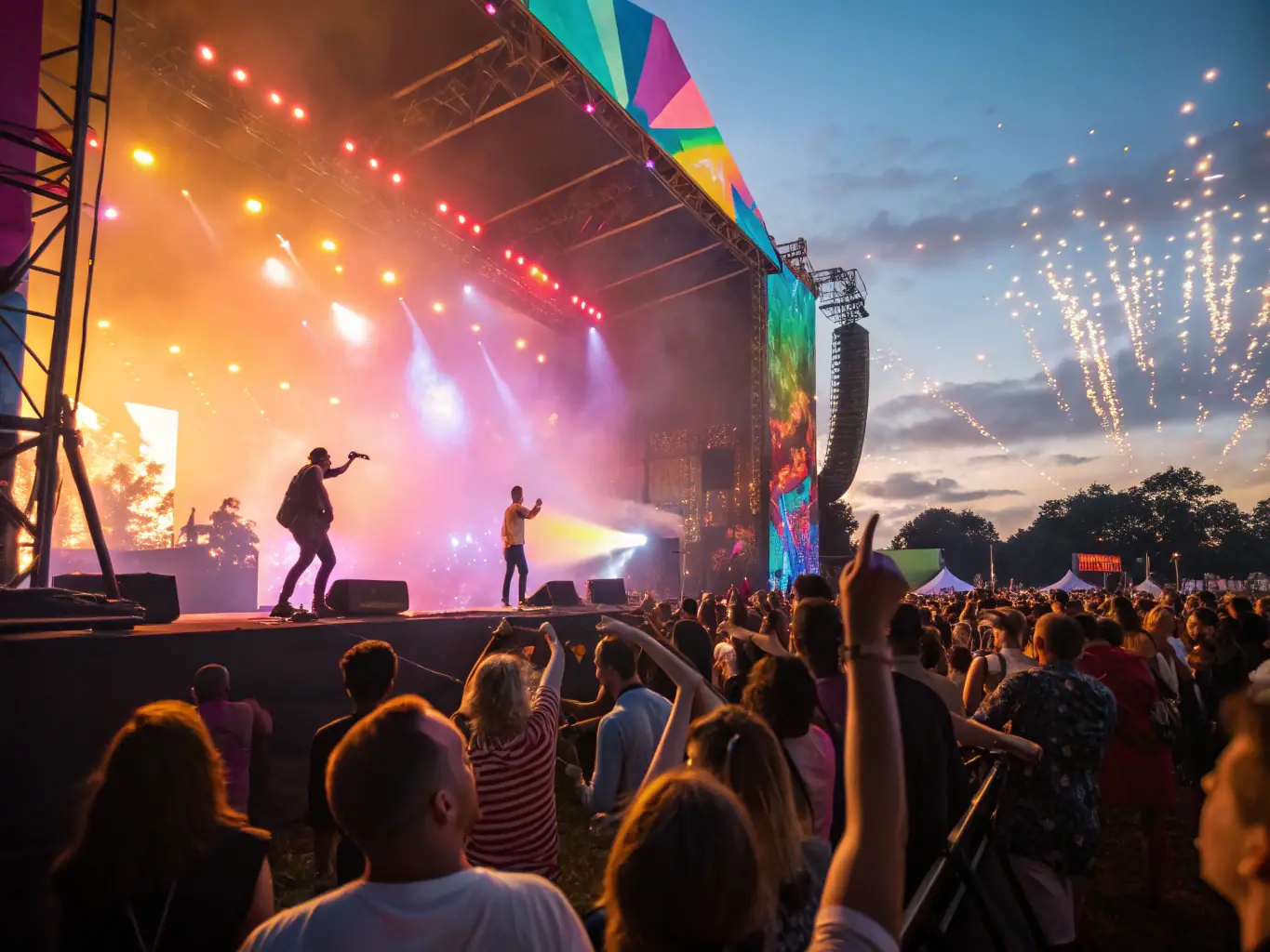 A vibrant image depicting a live music performance at a community festival, showcasing SO LIGHT CONCEPT's sound and lighting setup in action, with diverse audience members enjoying the show.