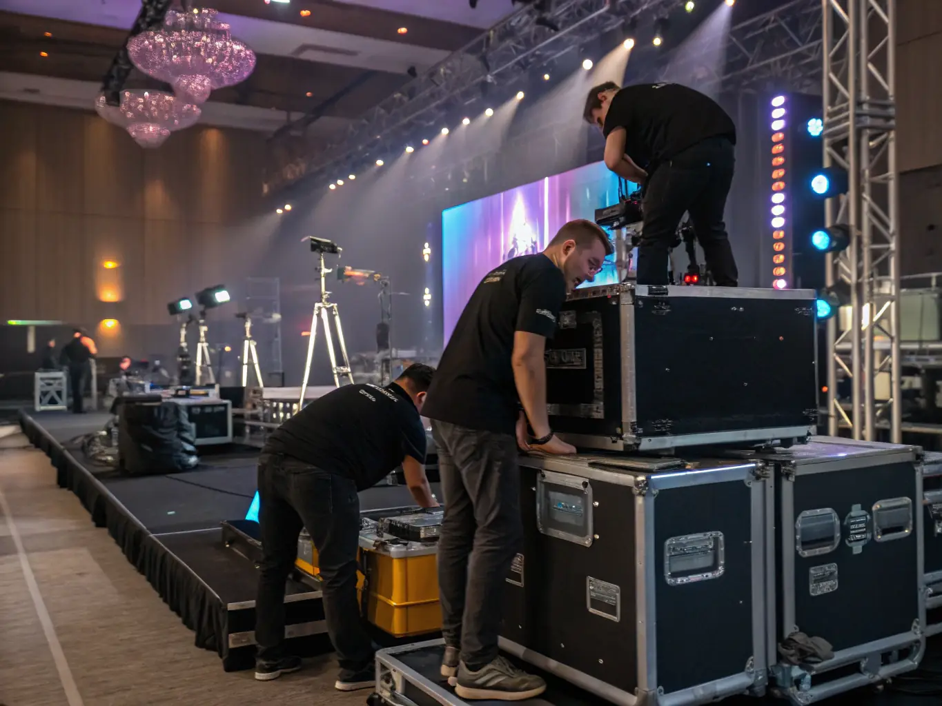 A photo of SO LIGHT CONCEPT's team providing technical assistance during a theatrical production, emphasizing their expertise and dedication to supporting the arts. The image should convey a sense of collaboration and professionalism.
