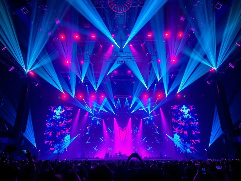 A vibrant image of a concert stage with dynamic lighting and sound equipment in action, capturing the energy of a live event.