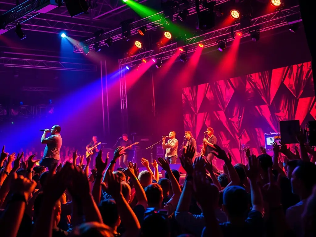 A vibrant image of a concert stage with dynamic lighting and sound equipment in action, capturing the energy of a live event, representing SO LIGHT CONCEPT's Event Sound & Lighting program.