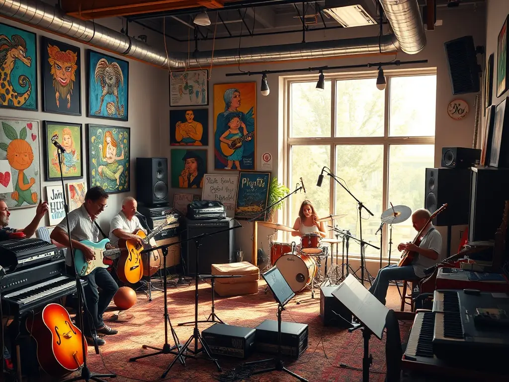 An image showing a collaborative workshop where SO LIGHT CONCEPT is assisting local artists in developing their musical and scenic projects. The image should highlight the organization's commitment to fostering creativity and innovation.