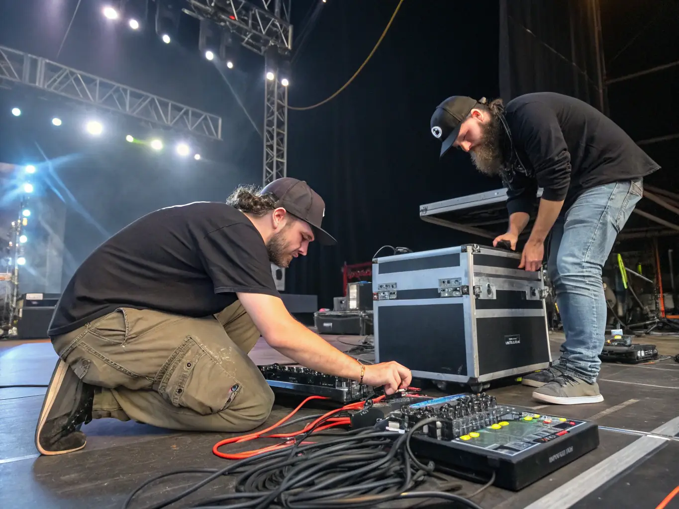 A photo of SO LIGHT CONCEPT's team setting up equipment for a theatrical performance, highlighting the technical expertise and attention to detail involved in their services.