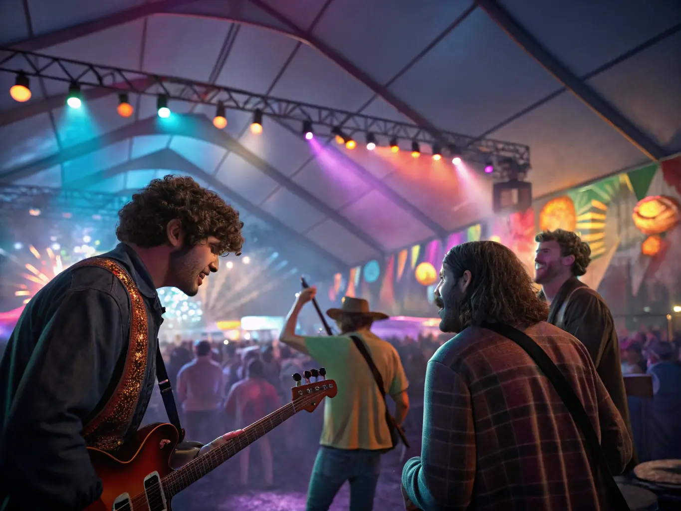 A vibrant image depicting a live music performance at a local festival, showcasing SO LIGHT CONCEPT's sound and lighting setup in action. The image should capture the energy and excitement of the event, highlighting the organization's role in enhancing the artistic experience.