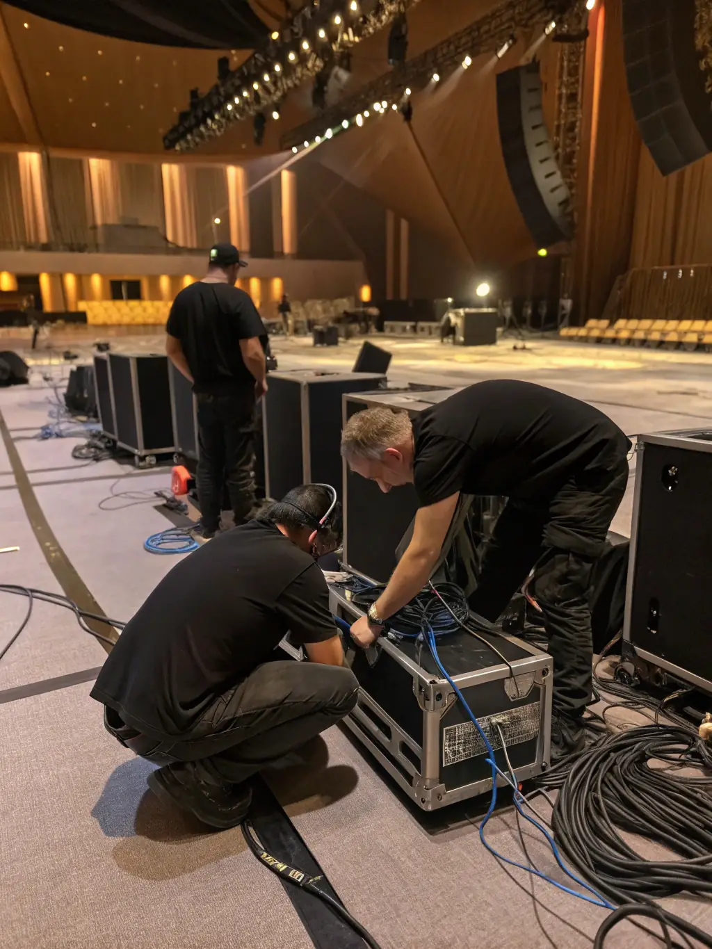 A behind-the-scenes photo of SO LIGHT CONCEPT's team setting up sound equipment for a festival, demonstrating their expertise in technical event production.
