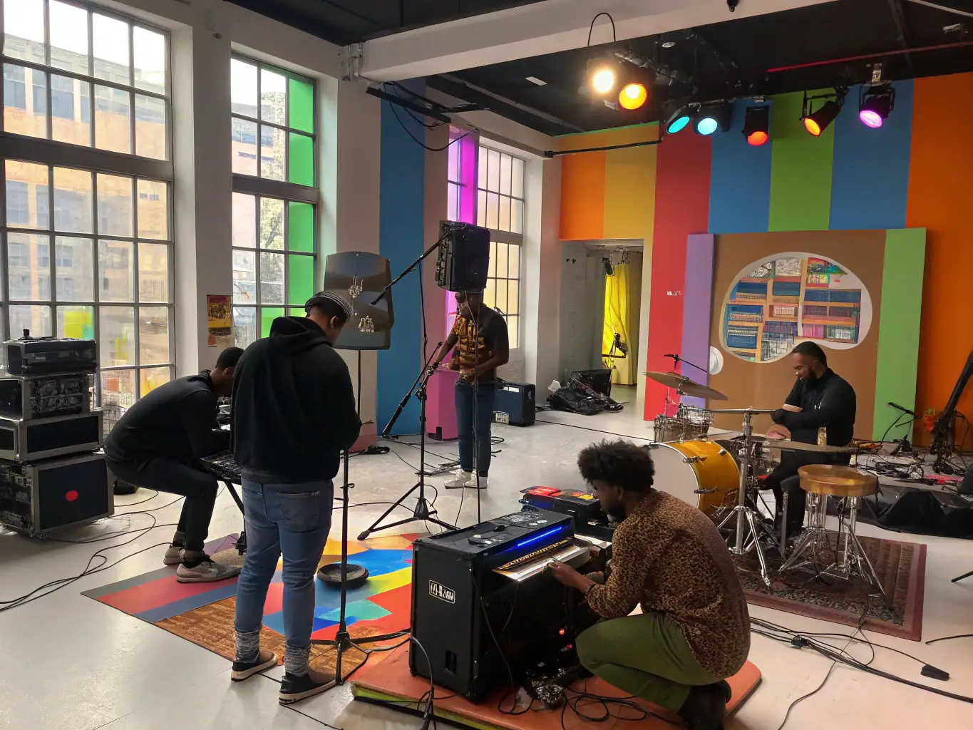 A photo of artists collaborating in a studio or rehearsal space, emphasizing teamwork and creativity.