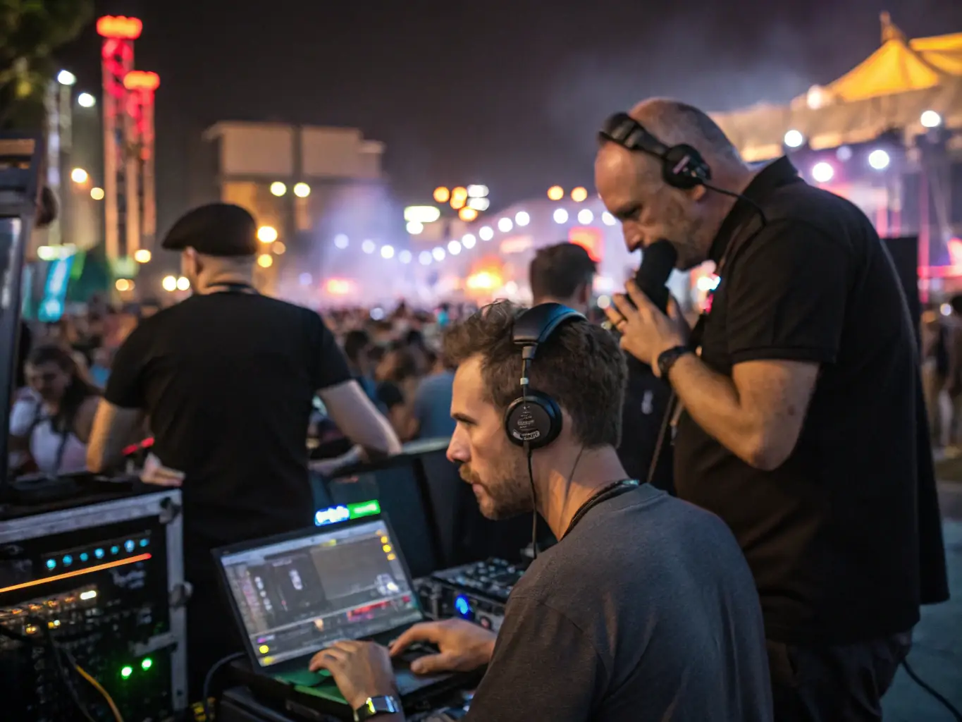 An image showing a technician setting up audio and lighting equipment backstage at a festival.